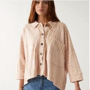 Free People We The Free Montauk Shirt Jacket XL Pink Oversized Raw Hem relaxed